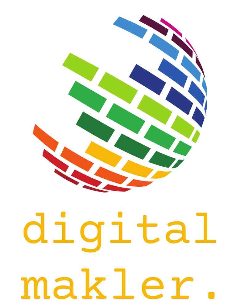 Eine Kugel aus bunten, miteinander verbundenen rechteckigen Blöcken befindet sich über dem in gelben Kleinbuchstaben geschriebenen Text „digital makler“. Die Kugel weist ein Farbverlaufsdesign mit leuchtenden Regenbogenfarben auf.