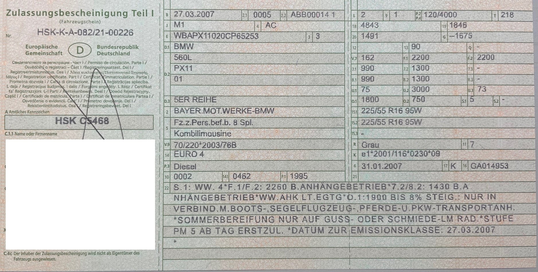 Muster einer Zulassungsbescheinigung Teil 1, früher Fahrzeugschein