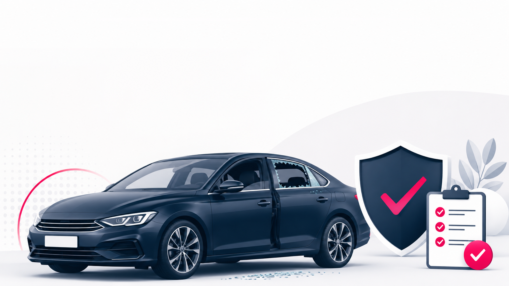Autoeinbruch – was tun: Auto mit Schutzschild und Checkliste